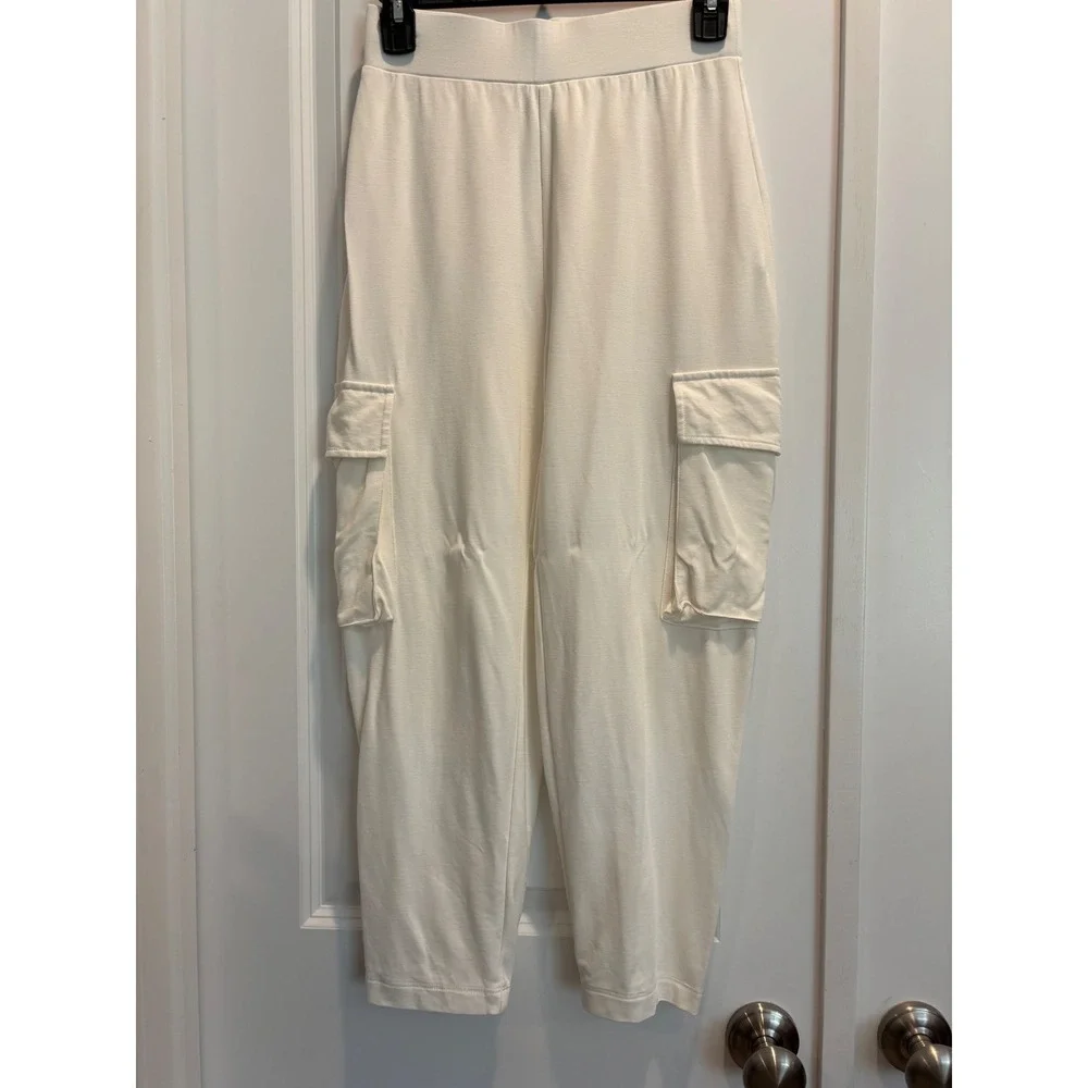 Wynne Layers Womens Cream Cargo Crop Pants XS Off White Elastic Waist Stretch - Picture 2 of 7